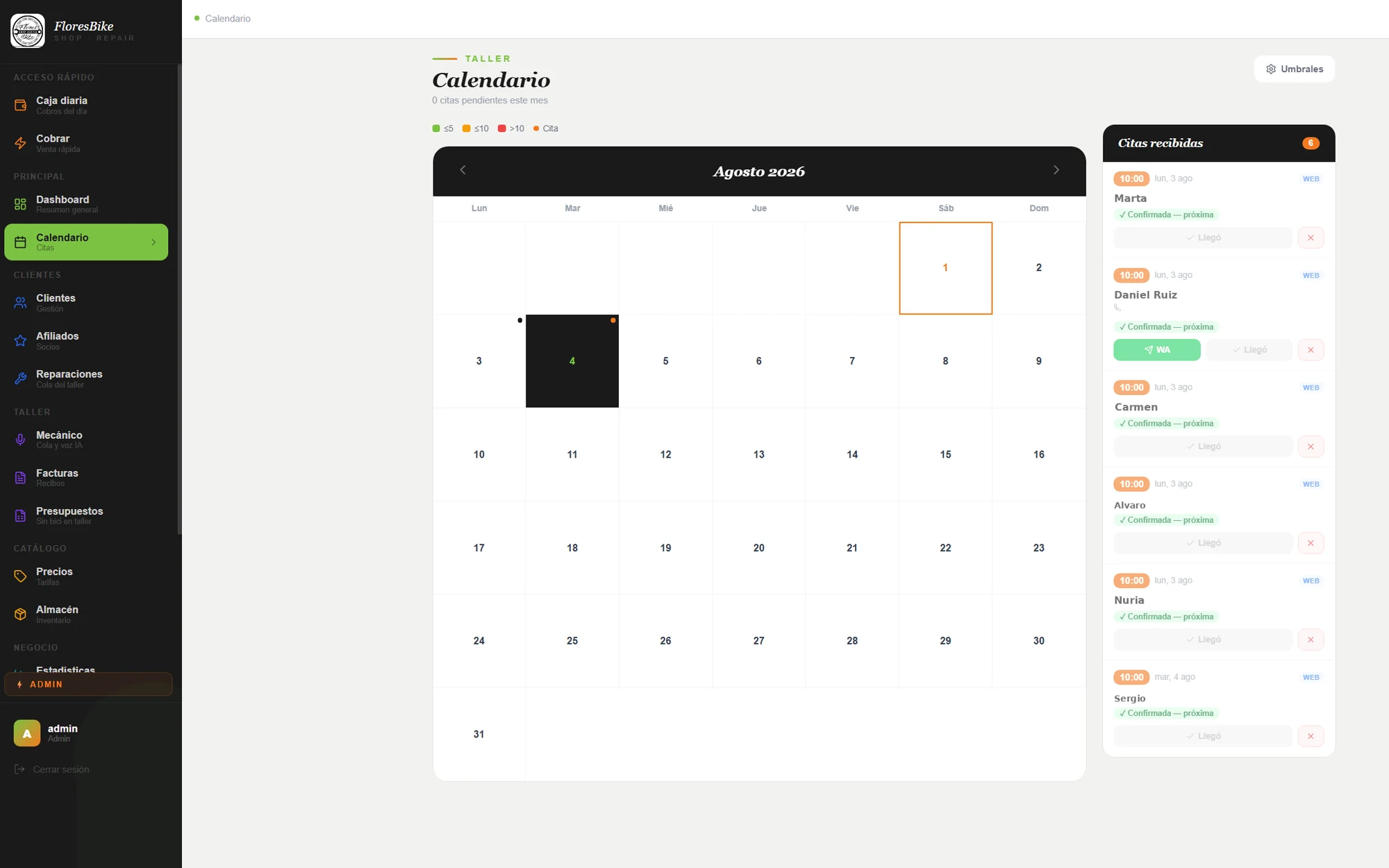 Calendario del taller con las citas del mes y el panel de citas recibidas desde la web