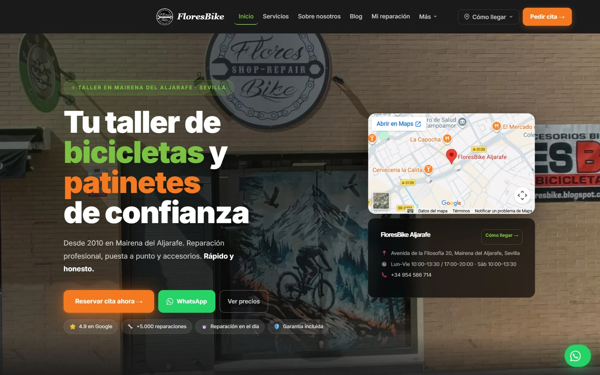 Portada de la web de FloresBike con el mapa, el horario y los botones de reserva