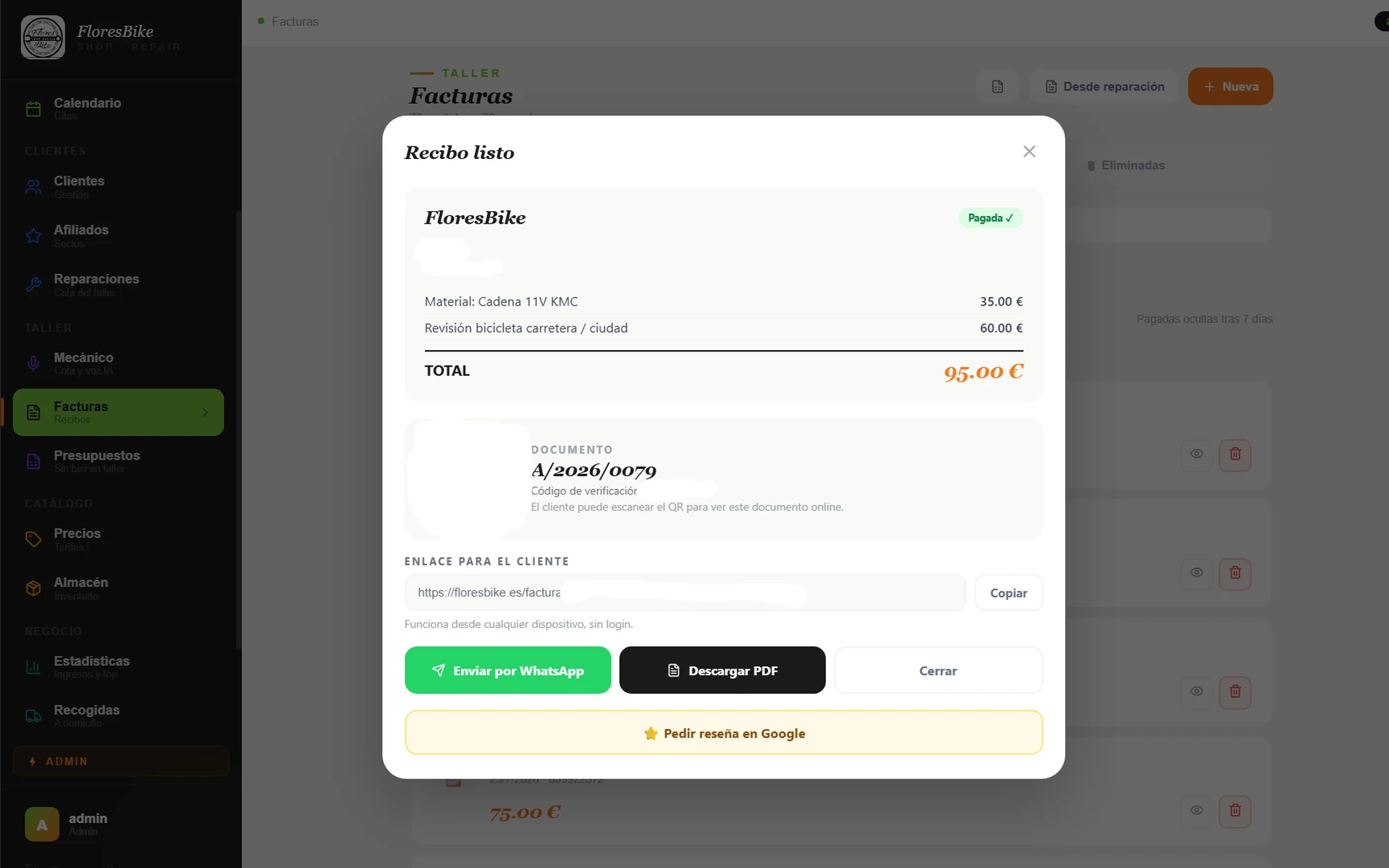 Recibo generado con su código de verificación y el enlace para el cliente