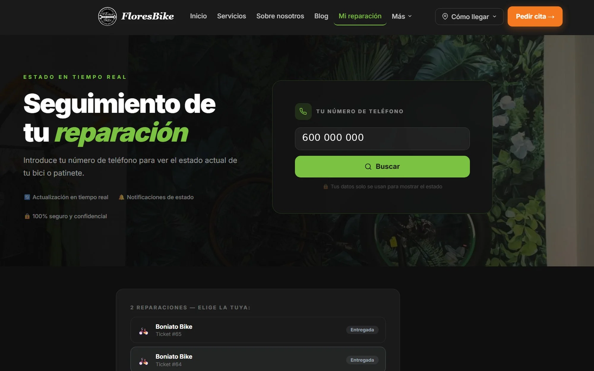 Página de seguimiento de la reparación: se introduce el teléfono y aparece el estado